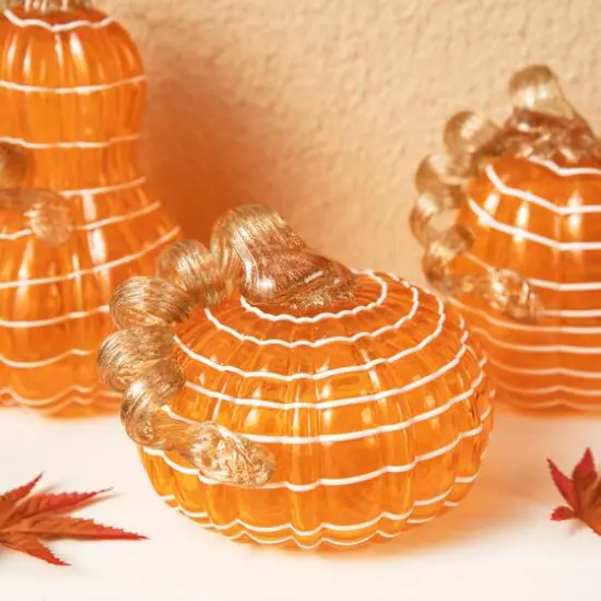Glitzhome&reg; Orange and White Lines Glass Pumpkin & Gourd Set {7}