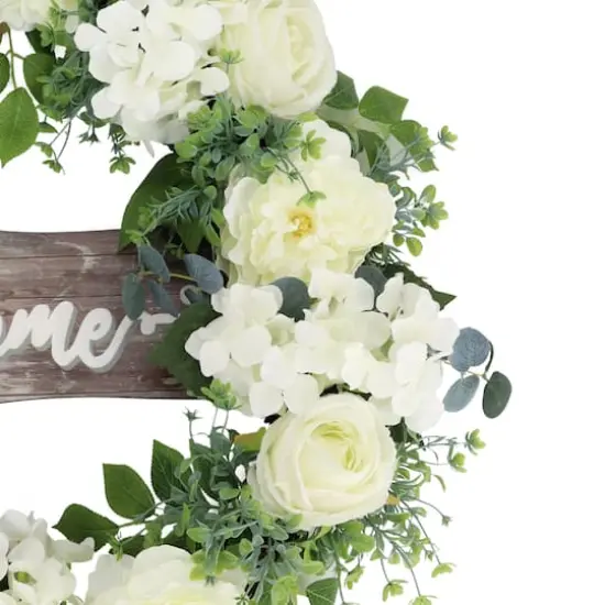 26" Artificial Peony, Hydrangea & Rose Floral Spring Wreath with Wood Welcome Sign {4}