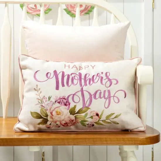 Glitzhome&reg; 18" Faux Burlap Happy Mother's Day Floral Pillow {3}