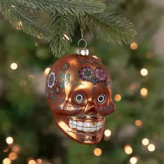 Orange Day of the Dead Glass Skull Halloween Ornament {3}