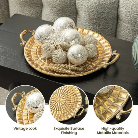 Glitzhome&reg; Gold Round Metal Embossed Decorative Trays Set {3}