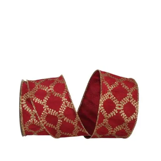 JAM Paper 2.5" x 10yd. Filigree Crest Dupione Wired Ribbon Scarlet/Gold {1}