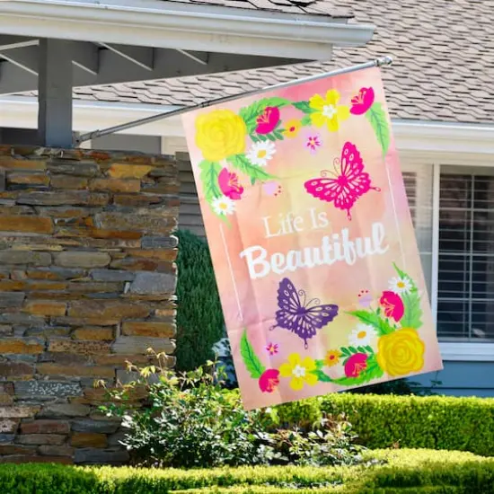 40" Multicolor Life is Beautiful Pink Floral Outdoor House Flag {3}