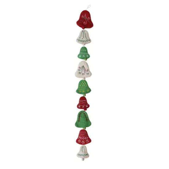 Hello Honey&reg; 6ft. Cream, Red & Green Handmade Wool Felt Embroidered Bells Garland {1}