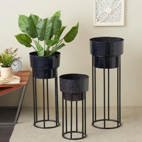 Black Metal Wash Textured Planter with Open Framed Black Caged Base Set {3}
