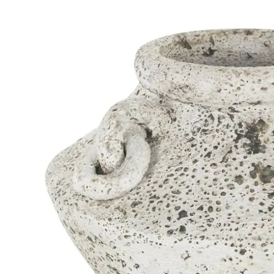 14" White Antique-Style Textured Ceramic Vase with Ring Handles {4}