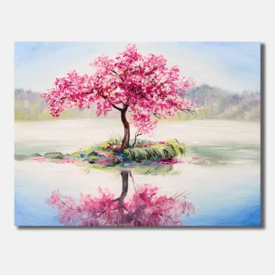 Designart - Japanese Cherry Blossom Tree On Little Idyllic IsLand - Farmhouse Canvas Wall Art Print {1}