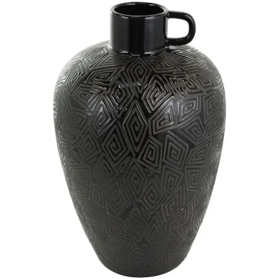 19" Black Ceramic Vase with Geometric Etchings {1}