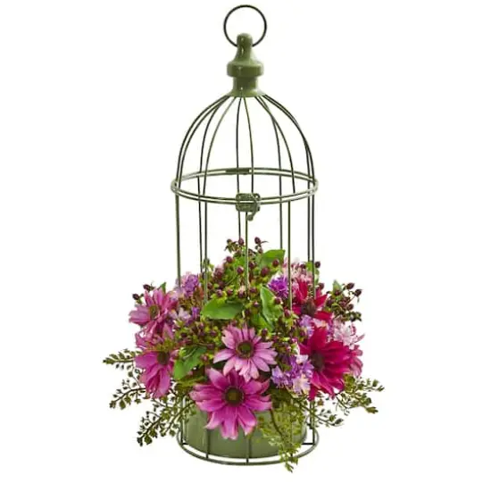 19" Pink Daisy Arrangement in Decorative Bird Cage {1}