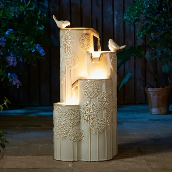 Glitzhome&reg; 31.75" Beige 4-Tier Dandelion Texture Vase-Shaped Ceramic Outdoor Fountain with LED Light {4}