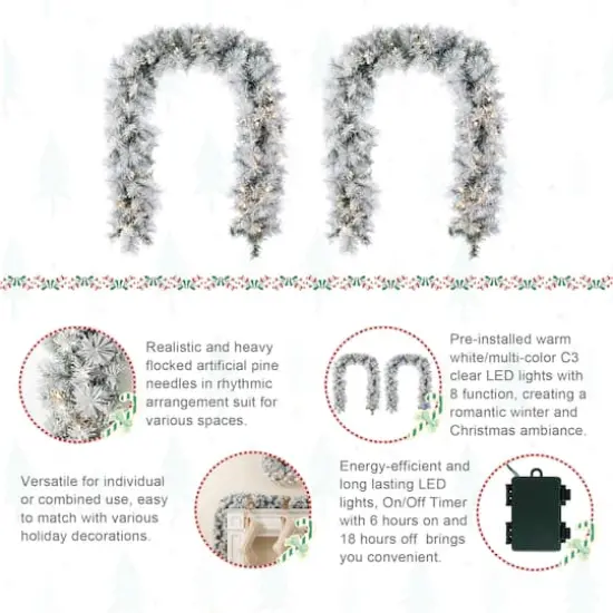 Glitzhome&reg; 6ft Pre-Lit Snow Flocked Greenery Pine Christmas Garland with Timer, 2ct. {8}