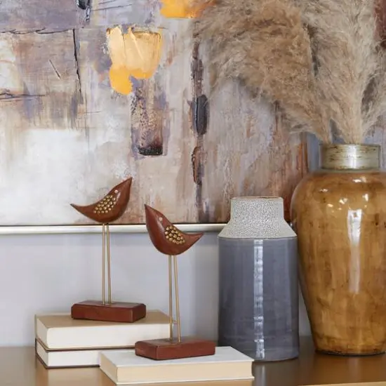 Brown Wood Traditional Bird Sculpture, Set of 2" 3", 10" {8}