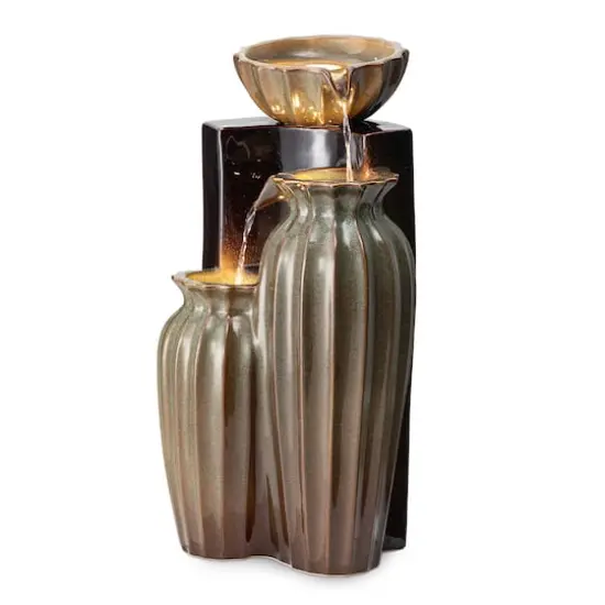 Glitzhome&reg; 26.75" 3-Tier LED Fluted Textured Ceramic Outdoor Floor Fountain Olive Green and Brown {1}