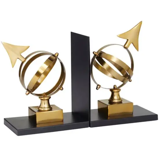 8" Gold Stainless Steel Armillary Bookends with Black Bases Set {3}