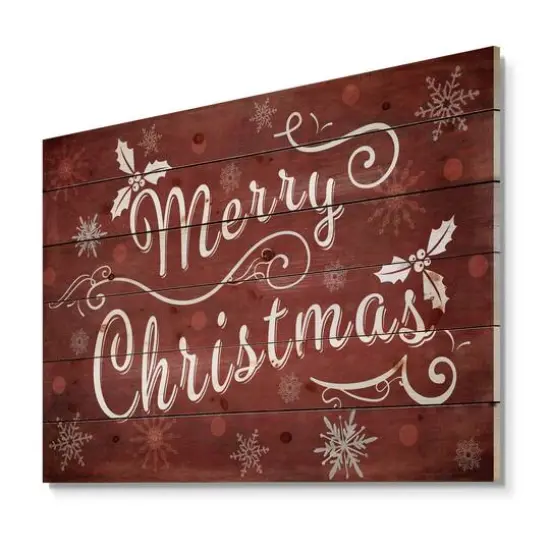 Designart Merry Christmas on Red Print on Natural Pine Wood {2}