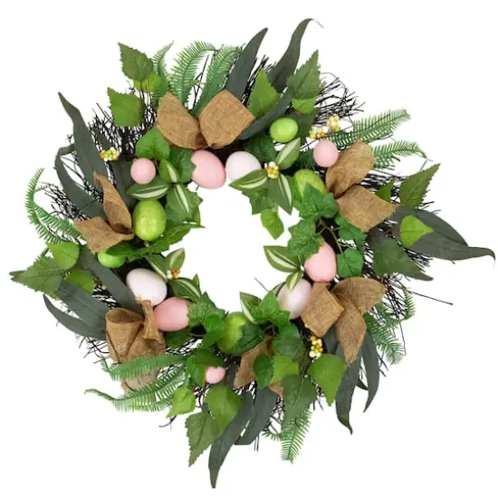 22" Easter Egg & Burlap Ribbon Mixed Foliage Twig Wreath {1}
