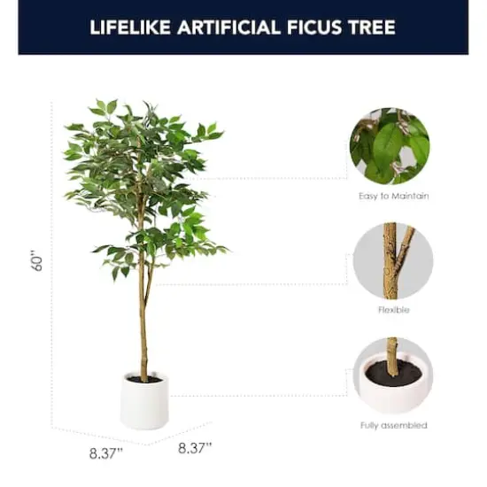 American Art Decor 5ft. Realistic Artificial Ficus Tree Faux Plant in White Pot  {5}
