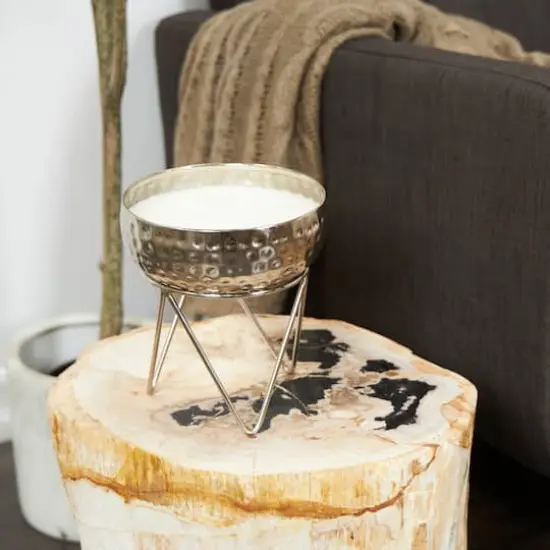 White Wax Campfire Scented Candle with Hammered Silver Container and Tripod Stand {7}