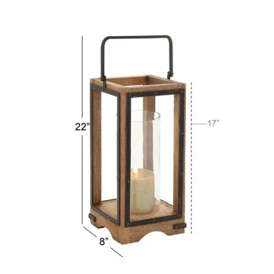 Natural Brown Mango Wood Traditional Candle Holder Lantern, 22" x 8" x 8" {6}