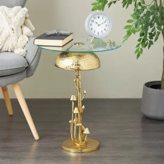 23" Gold Aluminum Metal Mushroom Table with Glass Tabletop {3}