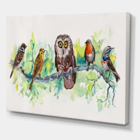 Designart - Owl On A Branch With Bird Friends - Traditional Canvas Wall Art Print {1}