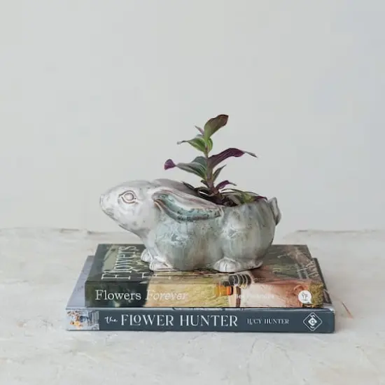 Hello Honey&reg; 8.25" White & Marine Rabbit Stoneware Planter {3}