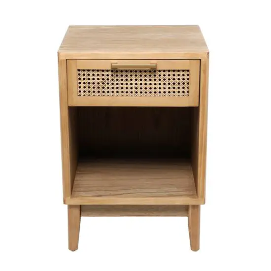 Wood Accent Table with Cane Front Drawer & Gold Handle Light Brown {3}