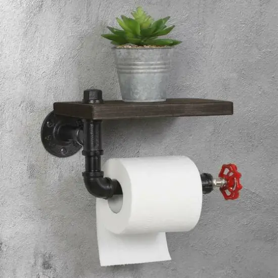 Black Industrial Metal Wall Mounted Toilet Paper Holder with Wood Shelf {6}