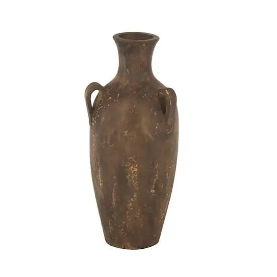24.5" Dark Brown Ceramic Antique Style Distressed Decorative Vase with Handles {3}