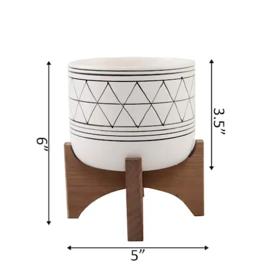 Flora Bunda 5" White & Black Geo Planter With Wood Stand {3}