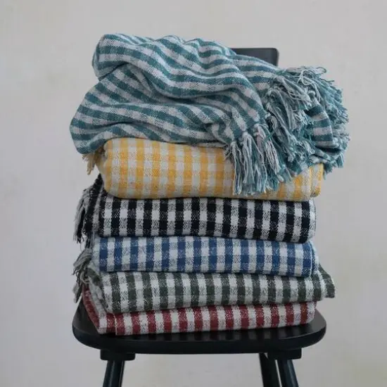 Hello Honey® Gingham Woven Recycled Cotton Blend Throw Blanket with Fringe Mustard/White {6}