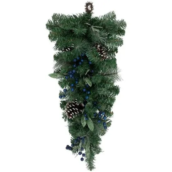 28" Unlit Mixed Pine, Blueberries & Snowy Pine Cones Teardrop Swag {4}