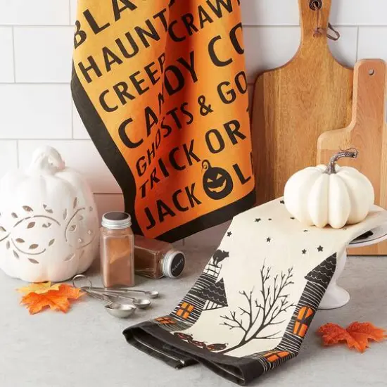 DII&reg; Haunted Hollow Printed Dishtowels Set {4}