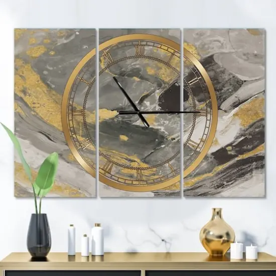Designart Marble Gold & Black II Modern 3 Panel Wall Clock {3}