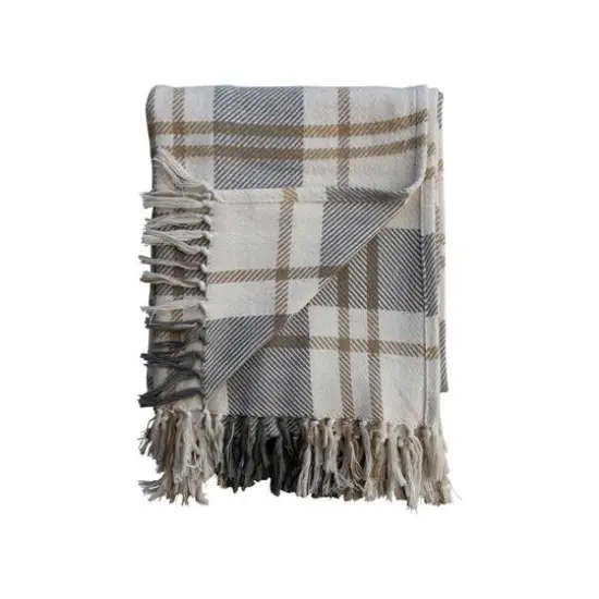 Hello Honey&reg; Gray, Gold & White Plaid Brushed Cotton Flannel Throw with Fringe {4}