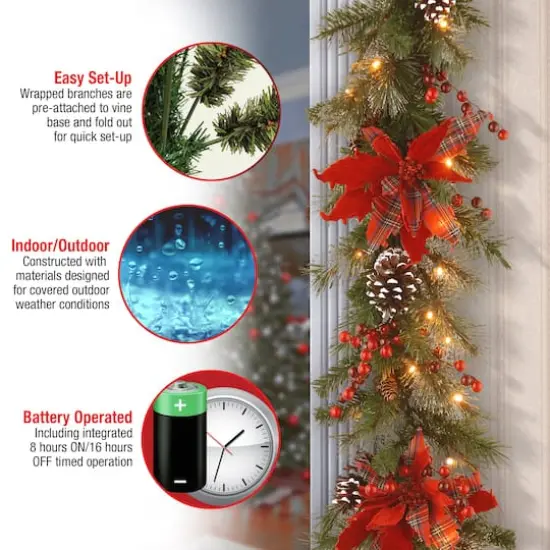 9' X 12" Pre-lit Decorative Collection Tartan Plaid Artificial Christmas Garland with Cones, Red Berries, Poinsettias and Soft White LED {6}