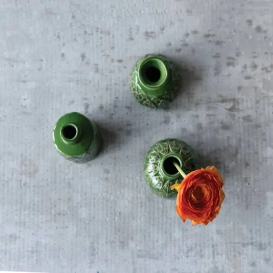 Hello Honey&reg; Green Embossed Stoneware Vases Set {3}