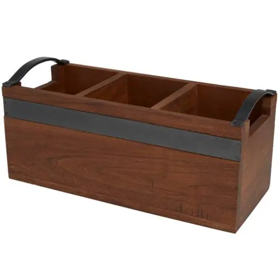 11.5" Brown Wood Modern 3 Section Decorative Tray with Metal Handles {1}