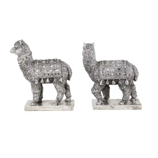 Set of 2 Silver Resin Eclectic Llama Sculpture, 10", 9" {5}