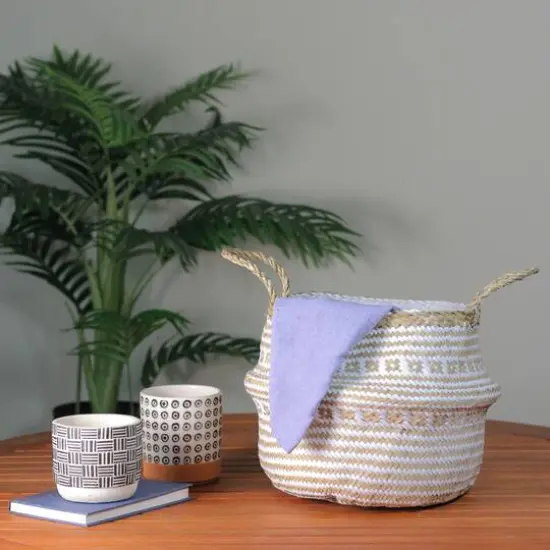 15" Beige & White Large Seagrass Belly Basket with Handles {4}