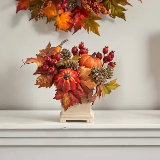 11" Pumpkin, Gourd, Berry & Maple Leaf Arrangement {5}