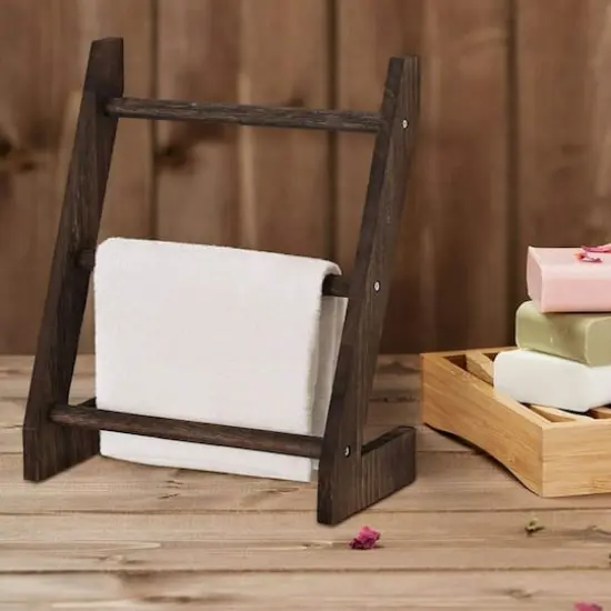 3-Tier Rustic Wood Farmhouse Wall Hanging Ladder Towel Rack Brown {7}