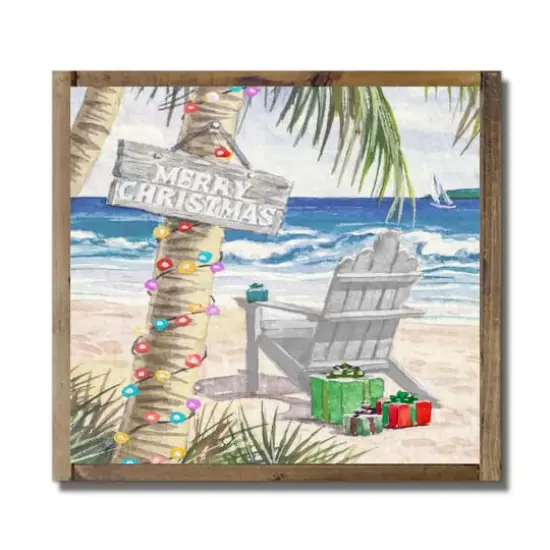 13.5" Merry Coastal Beach Christmas Brown Framed Wall Plaque {1}