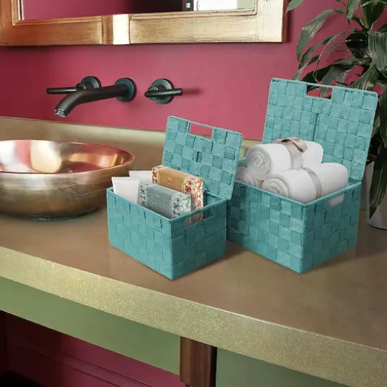 Sorbus 3-Piece Woven Basket with Lid Set Aqua {5}