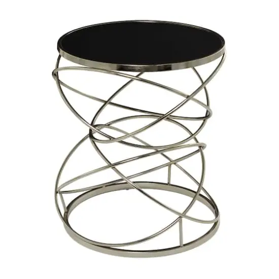 24" Open Ring Accent Table with Black Marble Top Silver {1}