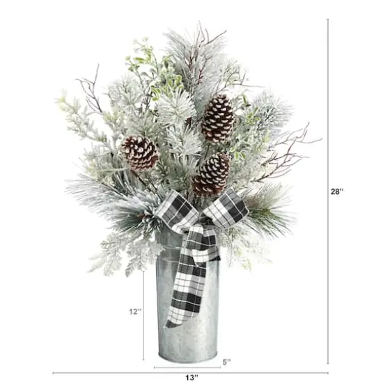 2.5ft. Frosted Greenery & Pinecone with Plaid Bow in Decorative Tin Artificial Christmas Arrangement {3}