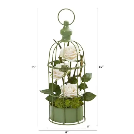 15" Triple Rose Arrangement in Decorative Cage White {3}
