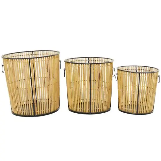 Light Brown Rattan Handmade Slatted Frame Storage Basket with Ring Handles Set of 3 20", 18", 15" {5}