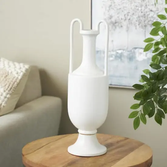 20" White Fluted Urn Shaped Ceramic Vase with Arch Handles {3}