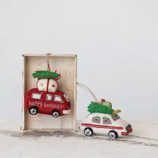 Hello Honey&reg; Handmade Wool Felt Van & Car Ornament Set with Christmas Tree, Present, Applique & Embroidery {4}
